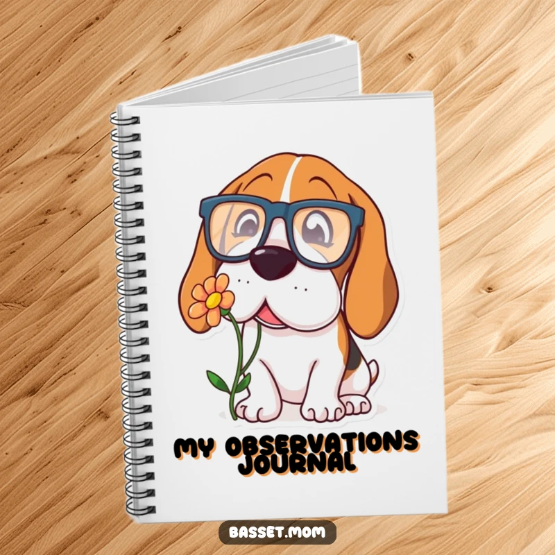 Funny Basset Hound notebook with a dog wearing oversized glasses, curiously sniffing a flower, perfect for jotting down notes.