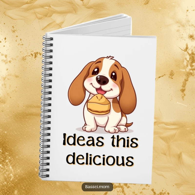 Funny Basset Hound notebook cover featuring a dog with a focused expression, expertly balancing a tiny pie on its nose, inspiring creativity.