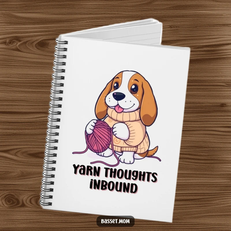 Funny Basset Hound knitting sweater, surrounded by yarn, lined notebook, humorous stationery gift.