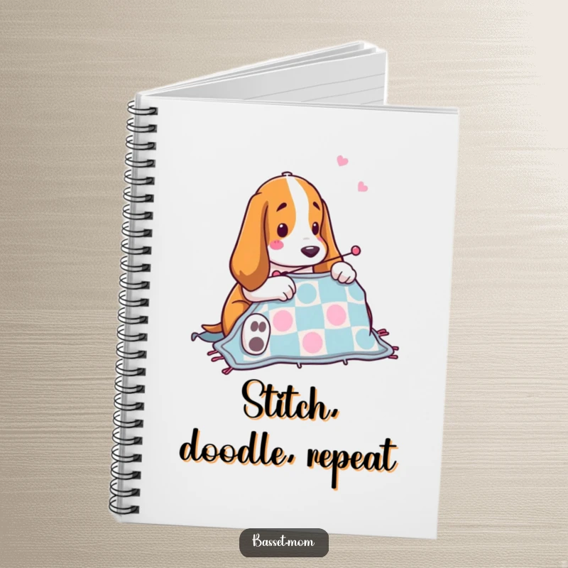 Funny Basset Hound quilting notebook with a dog sewing a quilt, perfect for journaling or notes, a humorous and practical gift for crafters.