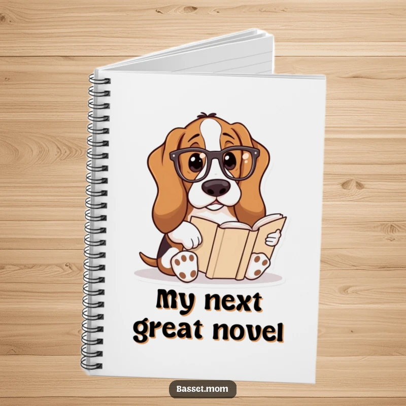 Funny Basset Hound notebook with a dog wearing reading glasses and reading a book, perfect for jotting down intellectual notes.