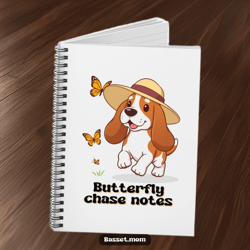 Funny Basset Hound notebook featuring a dog in a sun hat playfully chasing a butterfly, ideal for creative note-taking.