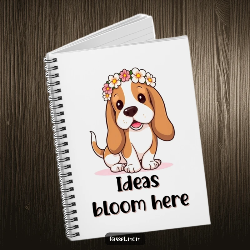 Funny Basset Hound notebook, droopy ears adorned with a flower crown, tail wagging happily, a delightful companion for all your writing needs.