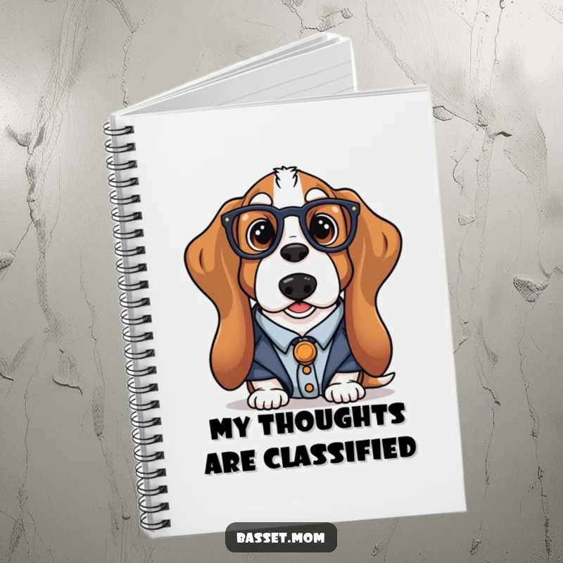 Funny librarian Basset Hound notebook with a dog in glasses, perfect for journaling or notes, a humorous and intellectual accessory.