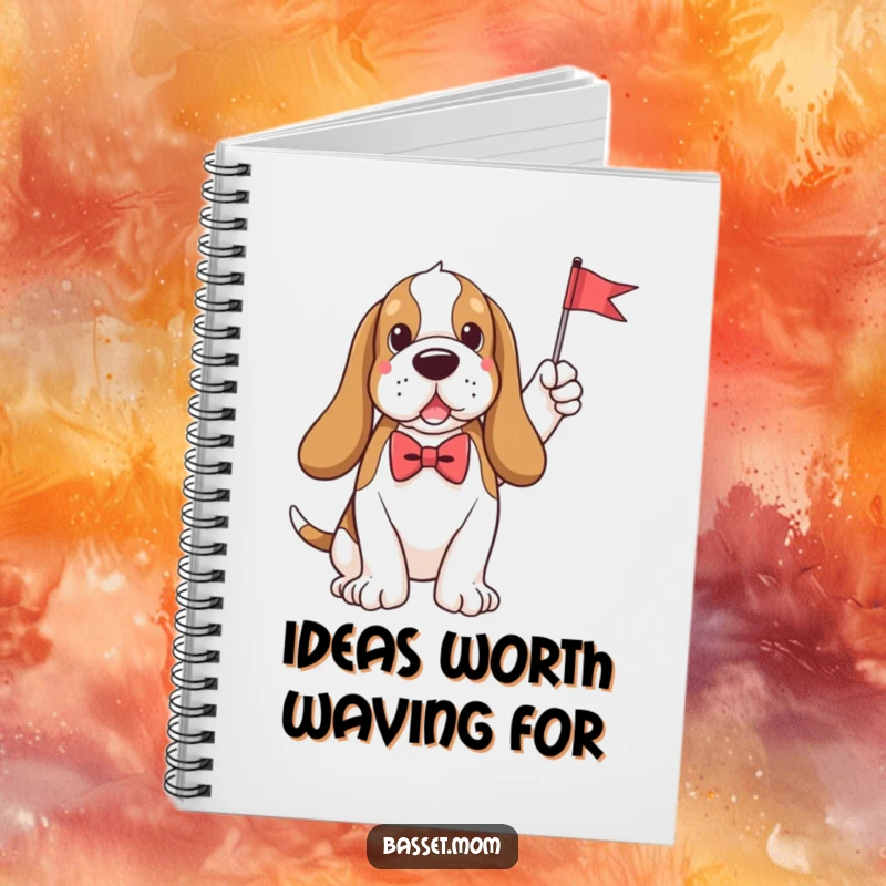 Funny plush Basset Hound sporting a neat bow tie and holding a tiny flag, perfect for jotting down notes with sophisticated humor.