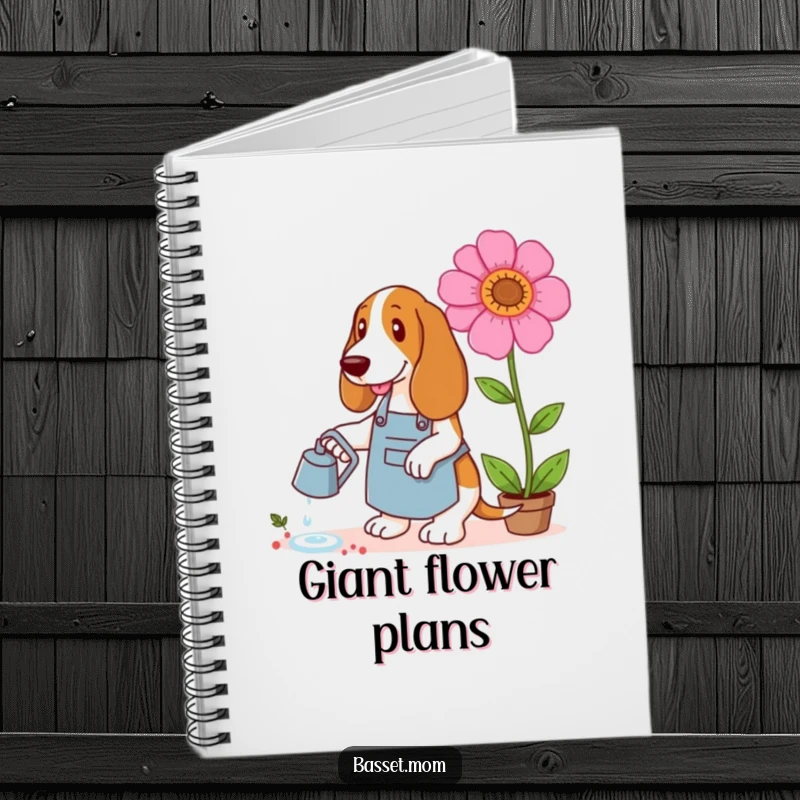 Funny Basset Hound notebook featuring a dog in a gardening apron watering a giant flower, ideal for garden planning and notes.