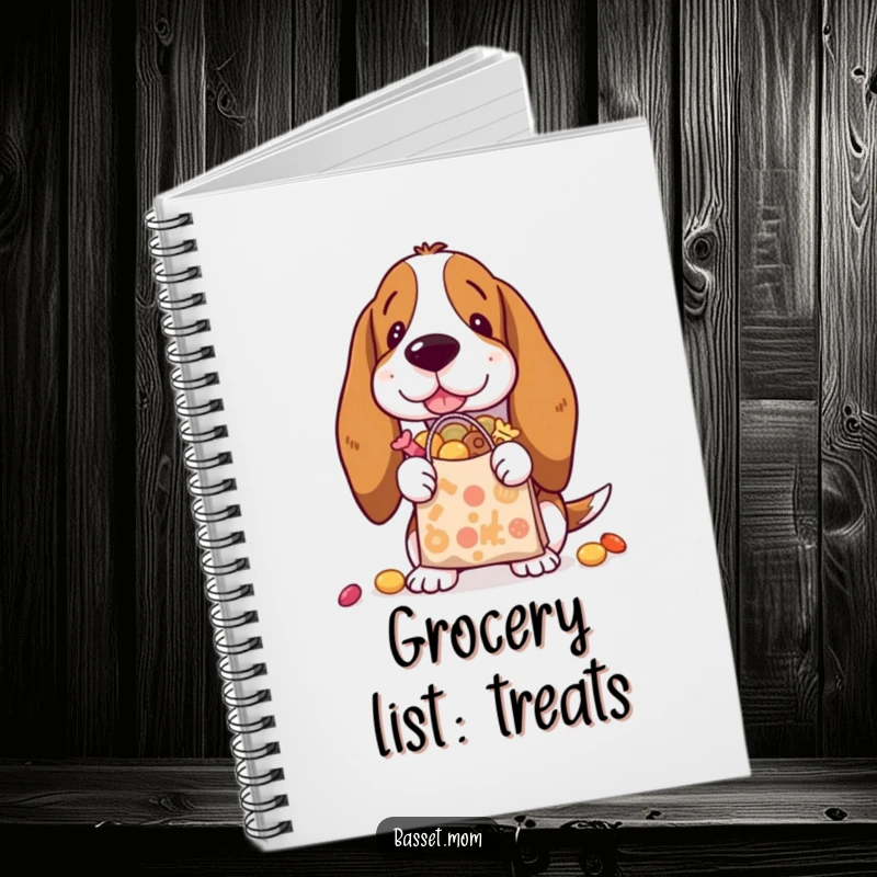 Funny Basset Hound notebook with a design of a dog overflowing with treats from a tiny shopping bag, for notes.