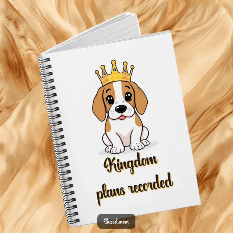 Funny Basset Hound with crown, surveying kingdom, lined notebook, humorous stationery gift.