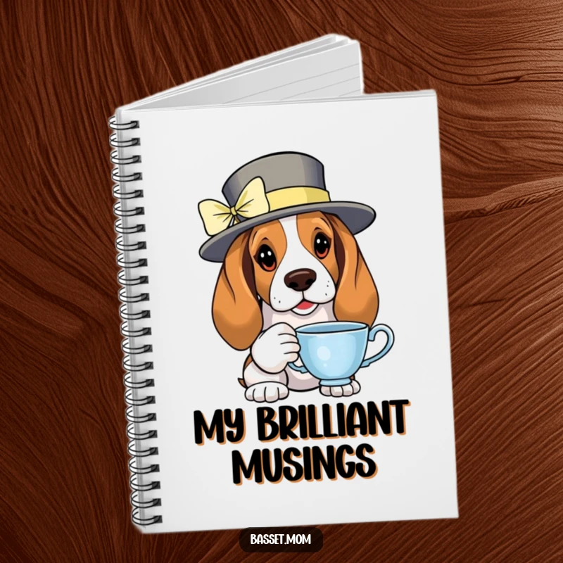 Funny Basset Hound notebook with a design of a fancy dog holding a teacup, for jotting elegant notes.