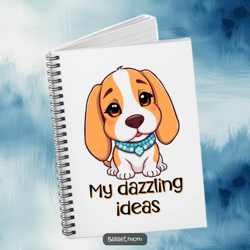 Funny Basset Hound notebook featuring a dog with a sparkly collar charmingly winking, perfect for note-taking fun.