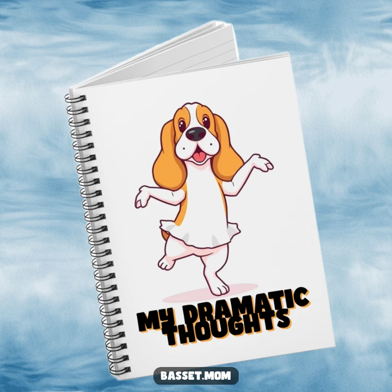 Funny Basset Hound notebook with a dog in a ballet pose with a wobble, ideal for noting down creative ideas.