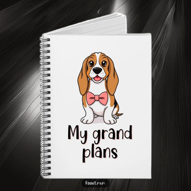 Funny Basset Hound notebook, cover art of a dog wearing a small bowtie and looking proud, perfect for elegant note-taking.