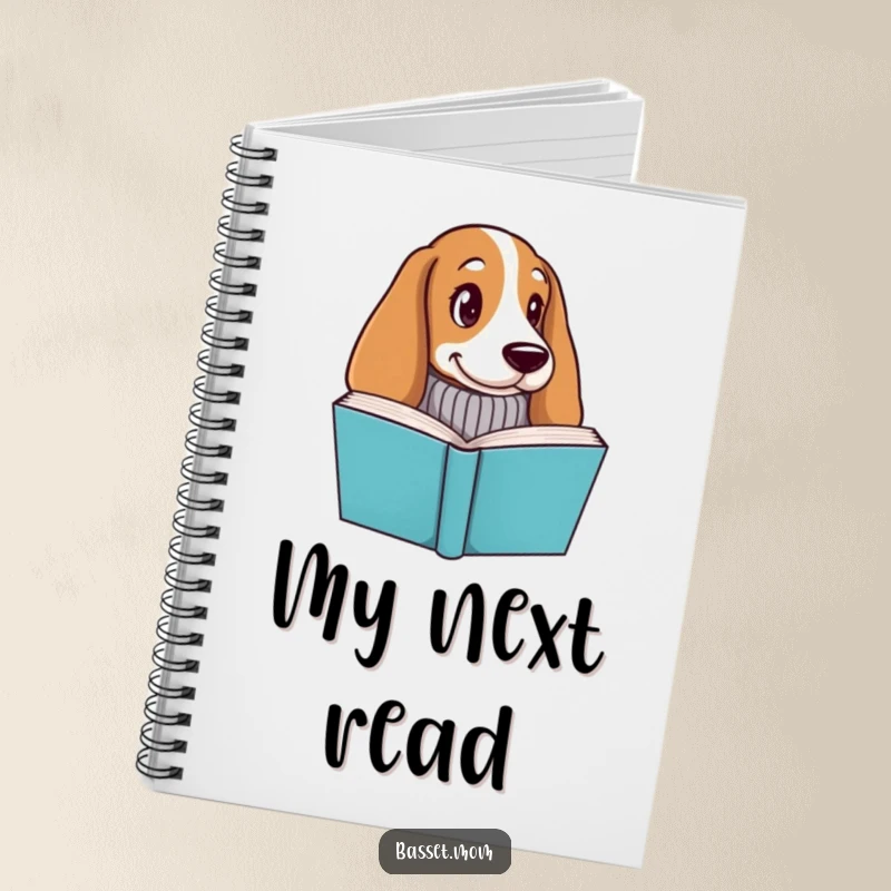 Funny Basset Hound notebook, a dog in a knitted sweater peeking from behind a book, perfect for writing and note-taking.