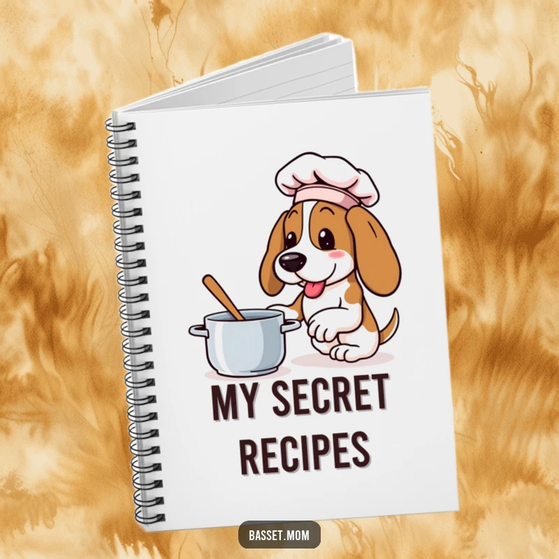 Funny Basset Hound notebook with a dog in a chef hat, enthusiastically stirring a pot, perfect for recipe writing.