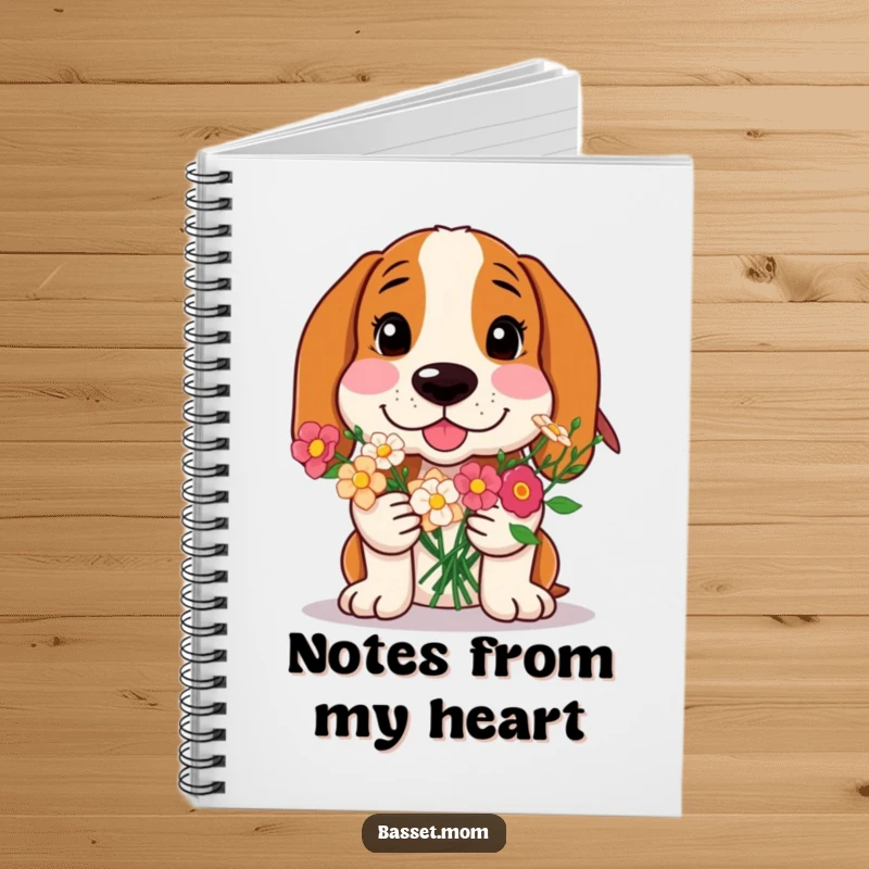 Funny Basset Hound notebook, a dog offering flowers, ideal for writing kind thoughts or messages, a charming stationery gift.