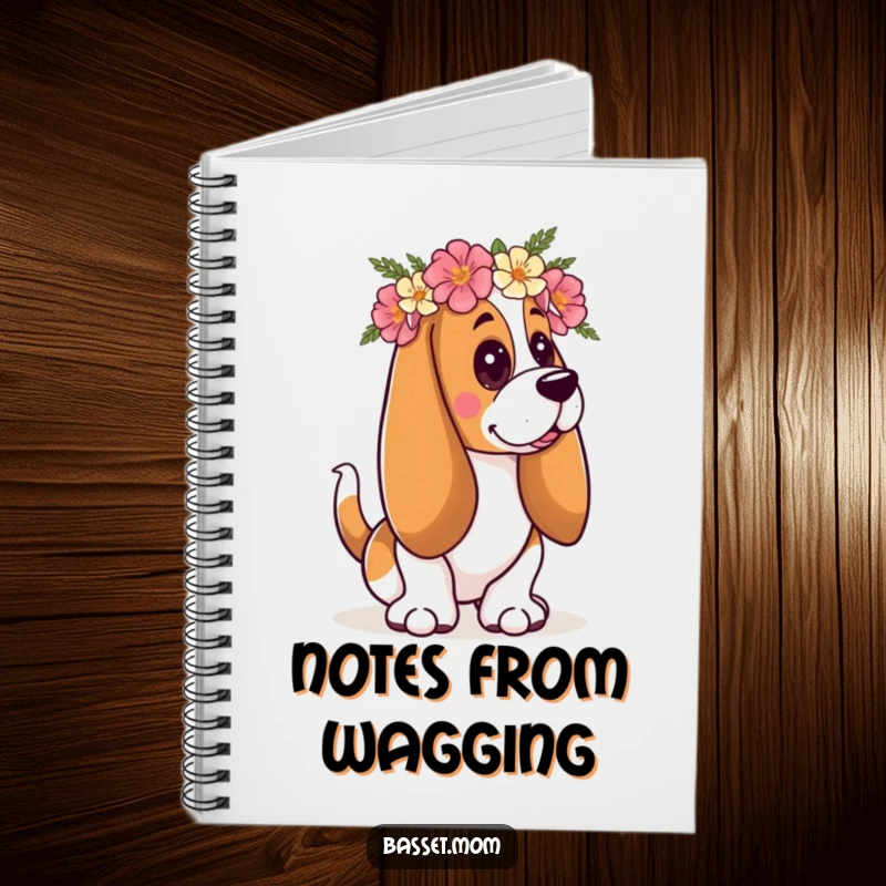 Funny Basset Hound notebook with a dog in a floral crown, wagging its tail, perfect for jotting down joyful thoughts.
