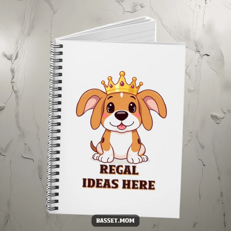 Funny Basset Hound notebook cover featuring a dog wearing a tiny crown, looking stately and thoughtful, ready to record important royal plans.