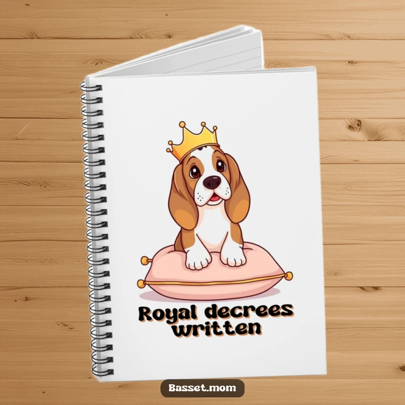 Funny Basset Hound notebook, cover art of a crowned dog sitting regally, for journaling royal insights.