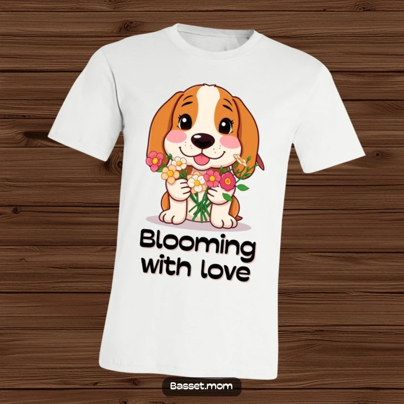 Funny Basset Hound t-shirt, a dog with rosy cheeks presenting a bouquet of flowers, symbolizing affection and sweetness, a funny gift.