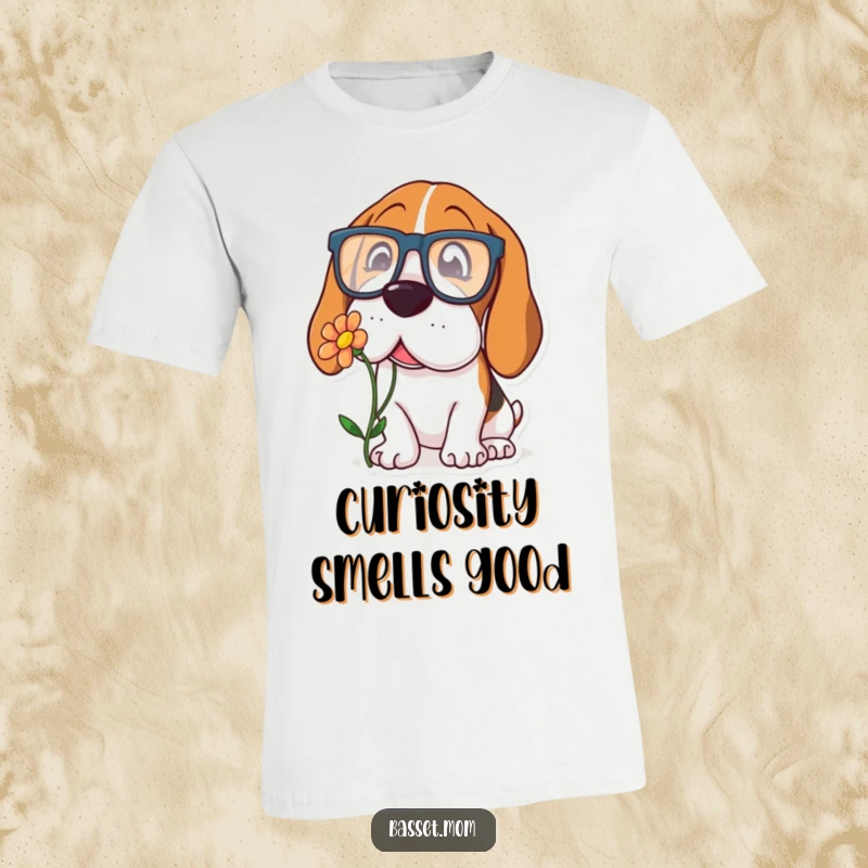 Funny Basset Hound t-shirt with a dog wearing large glasses, curiously sniffing a flower, showcasing intelligence and charm.