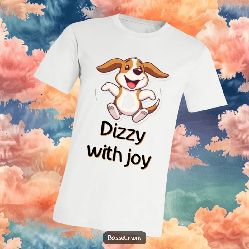Funny Basset Hound t-shirt, a dog spinning happily in a circle with ears flying, a symbol of pure joy and fun, a funny gift.