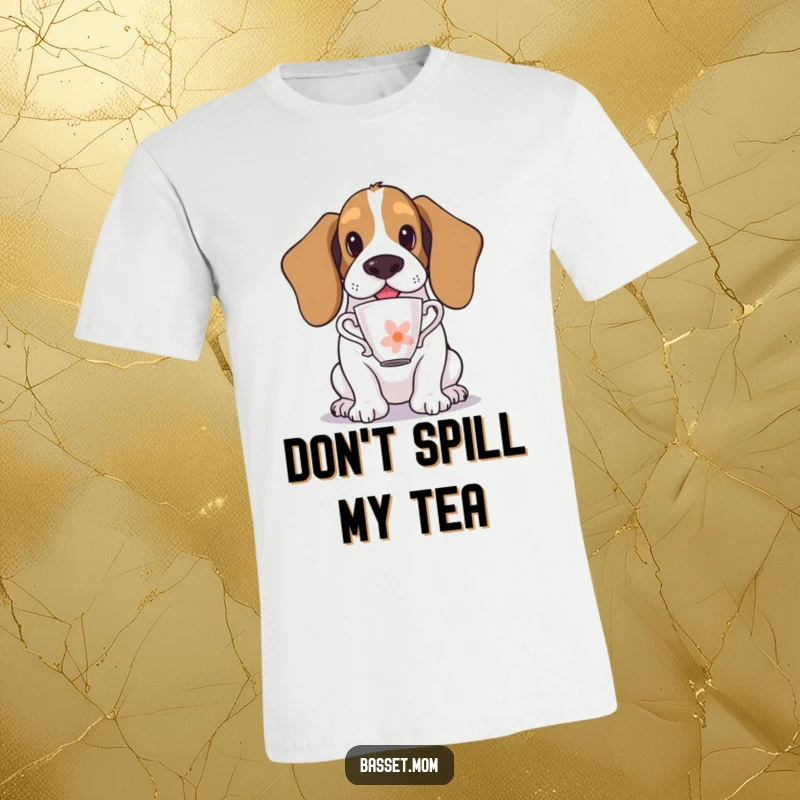 Funny Basset Hound t-shirt depicting a dog skillfully balancing a teacup on its nose, showcasing comical concentration and charm.