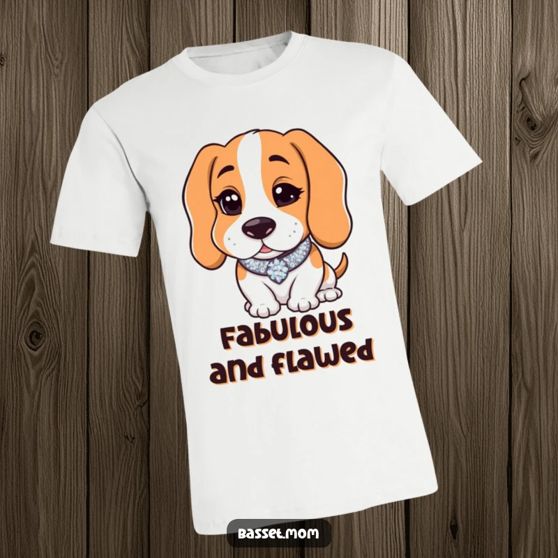 Funny Basset Hound with a sparkly collar winking charmingly, printed on a t-shirt, capturing a moment of canine charisma and humor.
