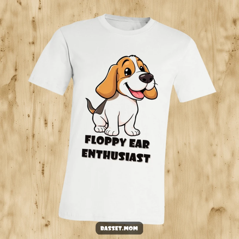 Funny Basset Hound t-shirt depicting a joyful hound with floppy ears bouncing, capturing a moment of pure, comical energy and happiness.