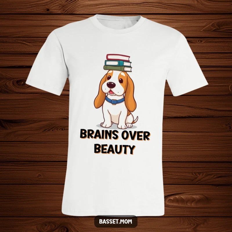 Funny Basset Hound t-shirt, showcasing a dog balancing a stack of books on its head with elegant poise.