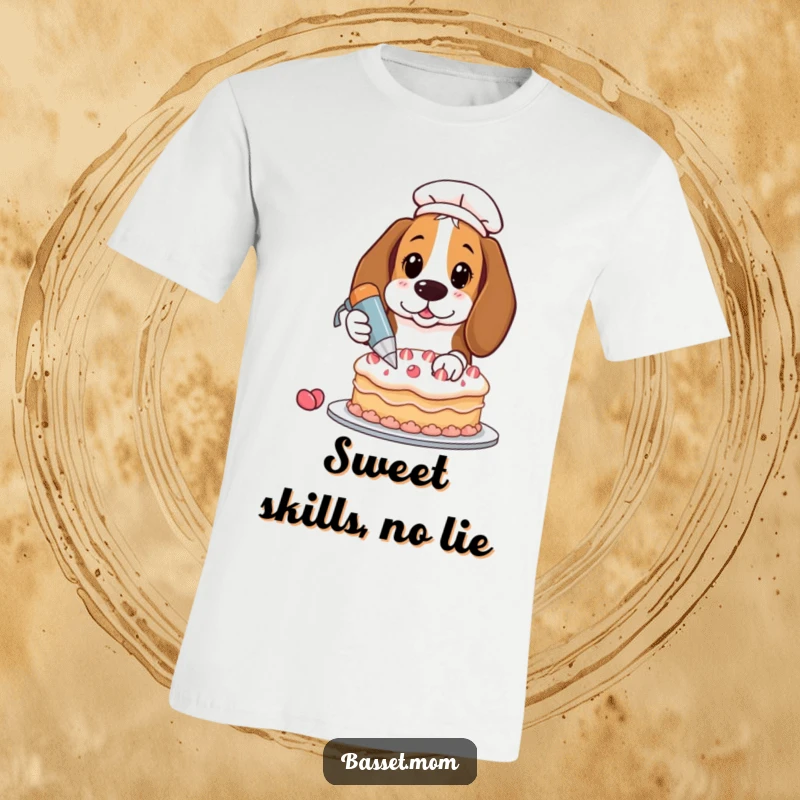Funny Basset Hound with a pastry bag, decorating a cake, humorous animal t-shirt, gift for bakers.