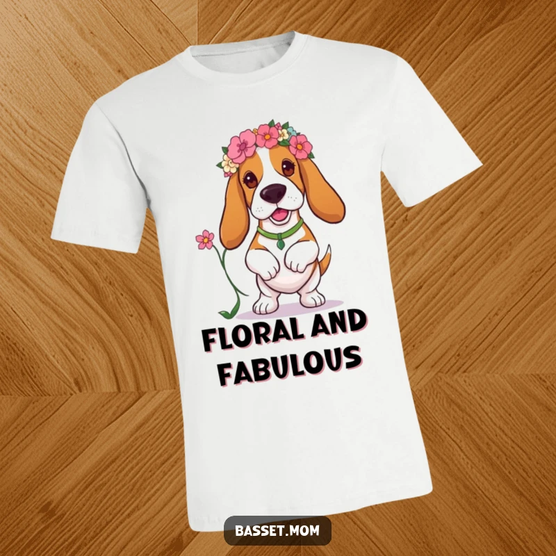 Funny Basset Hound T-shirt featuring a dog wearing a floral headband and prancing gracefully with a flower, radiating happiness.