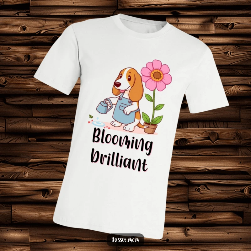 Funny Basset Hound t-shirt with a dog in a gardening apron watering a giant flower, portraying a whimsical gardening scene.