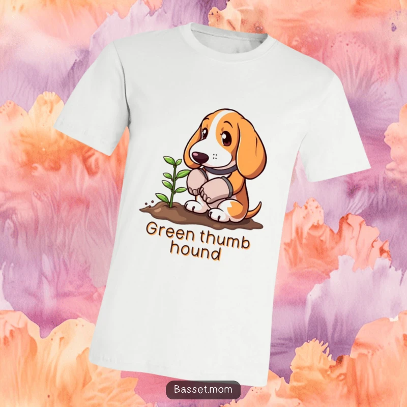Funny Basset Hound in gardening gloves planting a tiny sprout, printed on a t-shirt, a heartwarming and humorous gardening illustration.