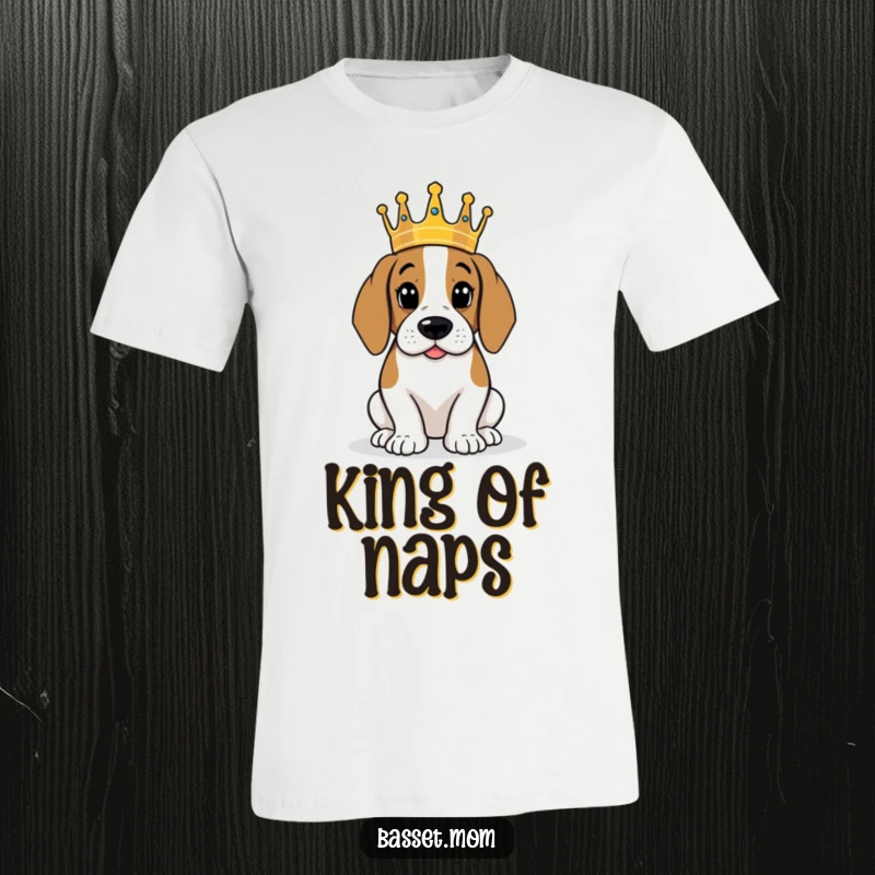 Funny Basset Hound wearing a tiny crown, surveying its kingdom, humorous animal t-shirt, gift for dog lovers.