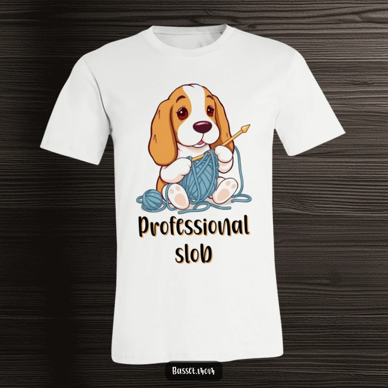 Funny Basset Hound knitting with oversized needles, hopelessly tangled in colorful yarn, printed on a comfortable t-shirt.