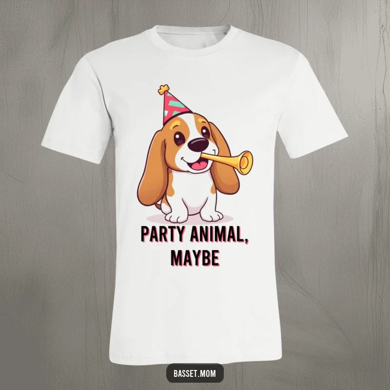 Funny Basset Hound t-shirt, a dog in a party hat joyfully blowing a miniature trumpet, announcing a fun celebration.