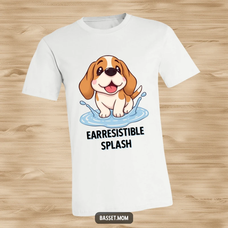Funny Basset Hound t-shirt showing a happy dog with droopy ears gleefully splashing in a muddy puddle, embodying pure delight.