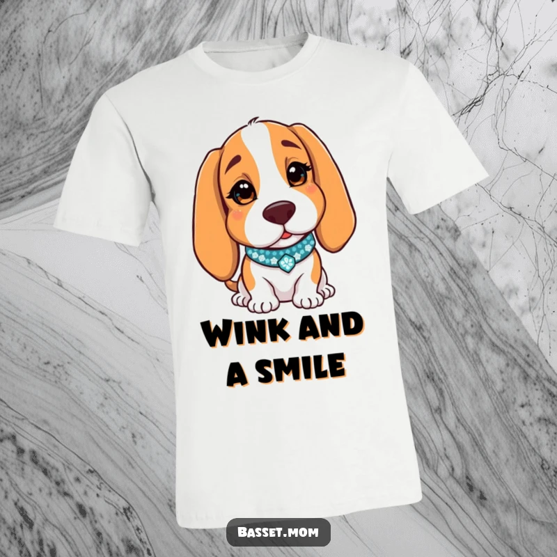Funny Basset Hound t-shirt with a dog wearing a sparkly collar, charmingly winking, perfect for adding humor to any outfit.