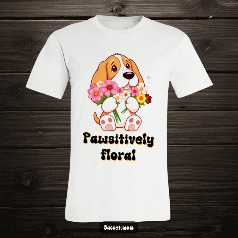 Funny Basset Hound showcasing its comically large paws while holding a lovely bouquet of flowers on this charming t-shirt.