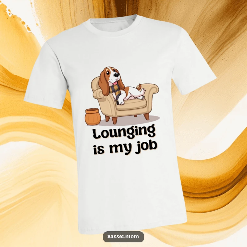 Funny Basset Hound adorned with a scarf is lounging comfortably on an armchair, embodying cozy relaxation on this humorous t-shirt.