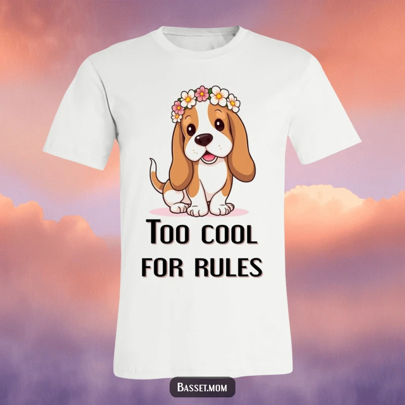 Funny Basset Hound t-shirt with droopy ears wearing a flower crown, playfully wagging its tail, showcasing floral dog charm.