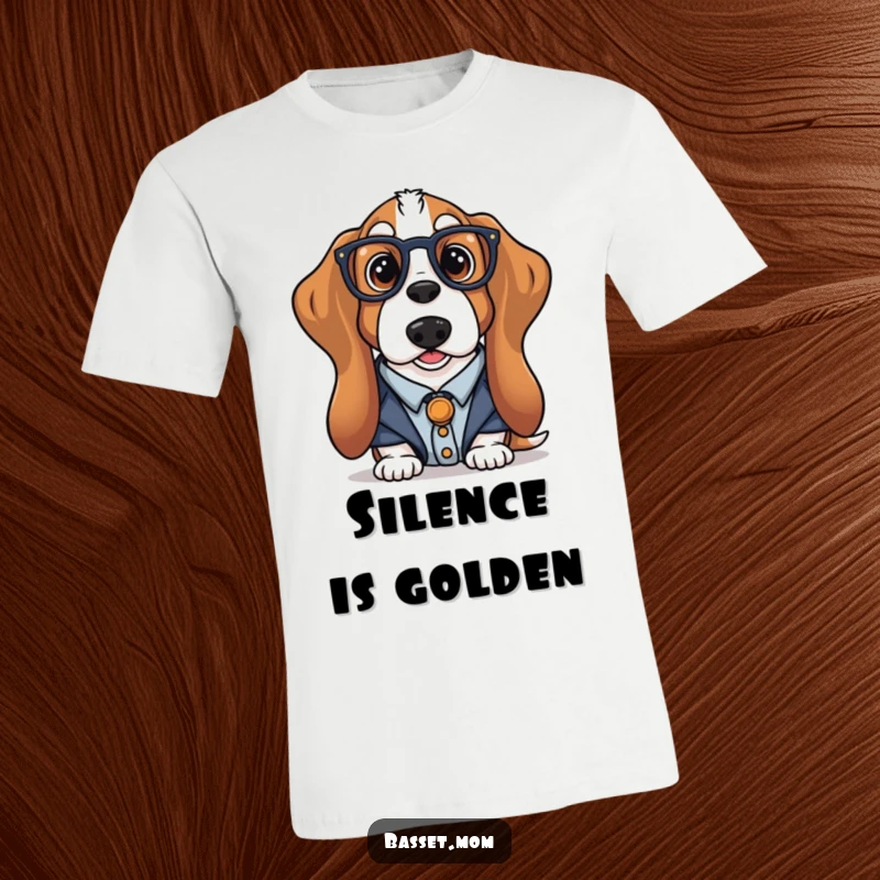 Funny librarian Basset Hound t-shirt depicting a studious dog in spectacles, perfect for readers, librarians, and dog lovers, a humorous tee.