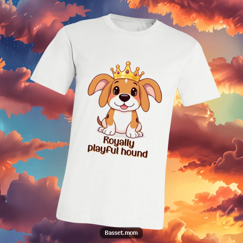 Funny Basset Hound t-shirt illustration of a dog wearing a small crown, looking both regal and ready for some fun, with a playful glint.