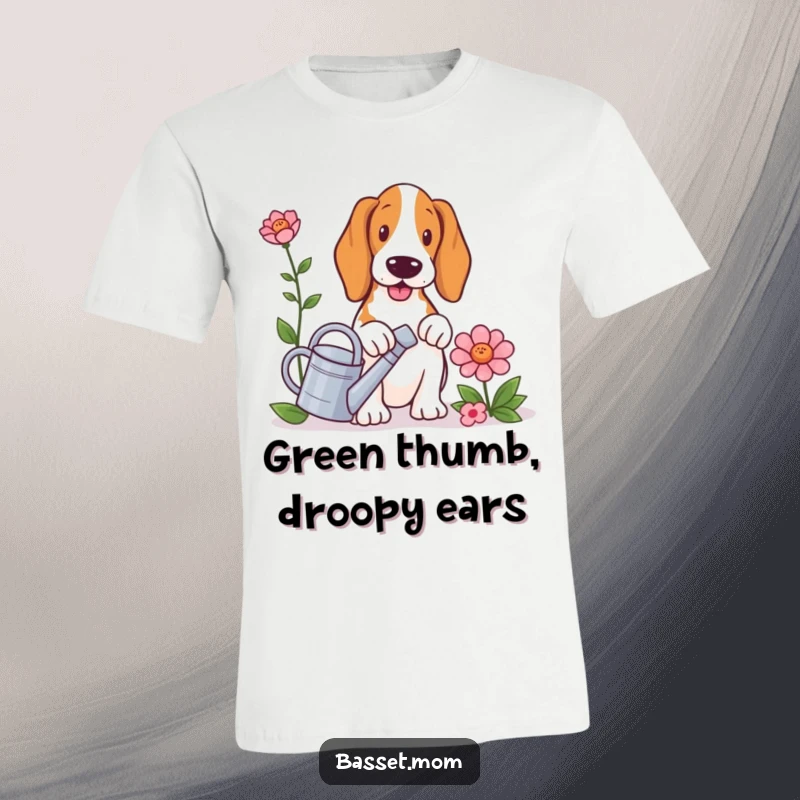 Funny Basset Hound t-shirt, a dog holding a miniature watering can, tending to an oversized flower with focused affection.