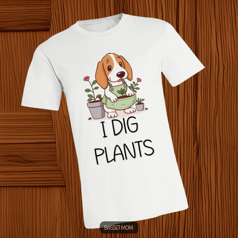 Funny Basset Hound t-shirt, wearing a tiny gardening apron, actively digging in a planter, a delightful design for garden enthusiasts.