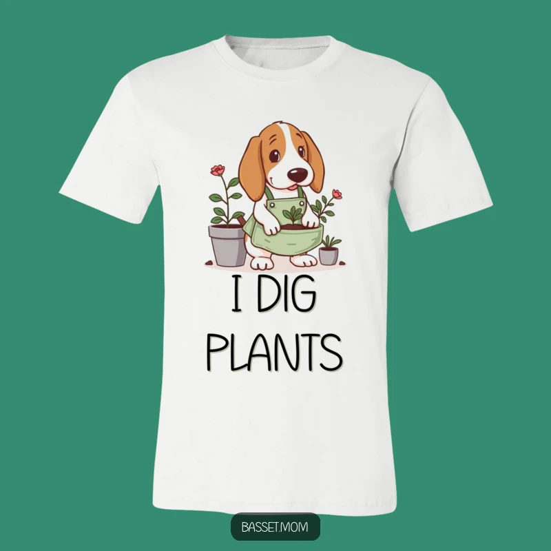 Funny Gardening Basset Hound T-Shirt: Tiny Apron Digging - Gardener's Funny Gift