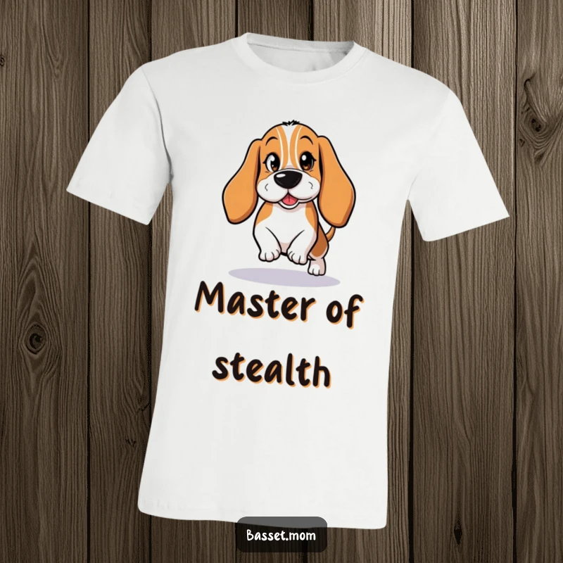 Funny Basset Hound T-Shirt: A sneaky dog tiptoeing with a wink, ideal for pranksters.
