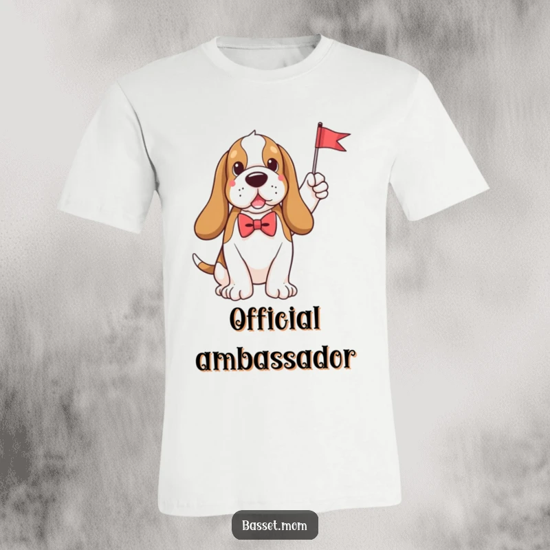 Funny plush Basset Hound sporting a dapper bow tie, enthusiastically waving a small flag on this comfortable and humorous t-shirt.
