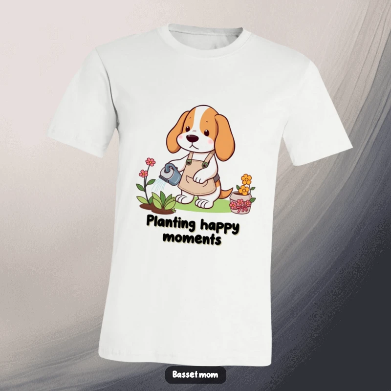 Funny Basset Hound t-shirt showing a dog in a gardening apron, watering a flower, celebrating outdoor activities and canine charm.