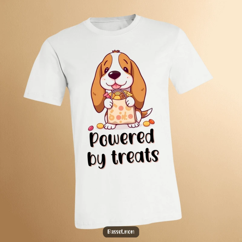 Funny Basset Hound proudly holding a tiny shopping bag overflowing with various treats on a fun t-shirt.